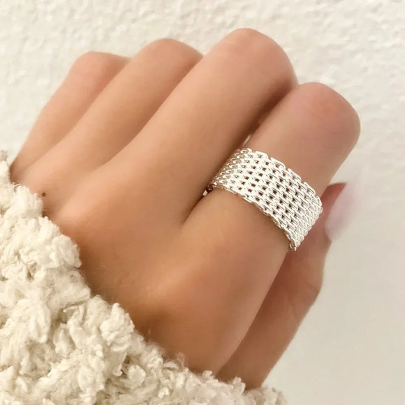 925 Sterling Silver Mesh Ring Weave Ring Woven Ring Band Everyday Ring - Picture 1 of 6